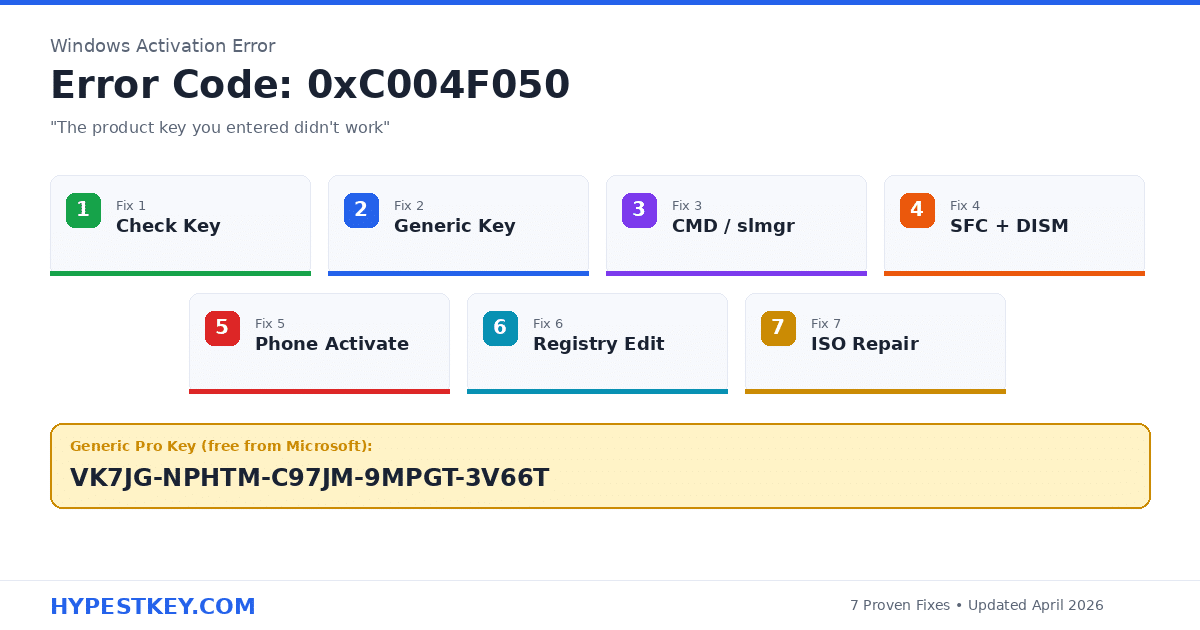 Windows activation error 0xC004F050 screen with seven fix methods grid including check key generic key CMD slmgr SFC DISM phone activation registry edit ISO repair on hypestkey.com