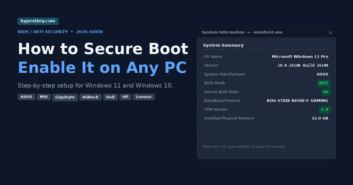 How to secure boot enable on any PC, hero guide graphic for BIOS UEFI setup in 2026 on hypestkey.com