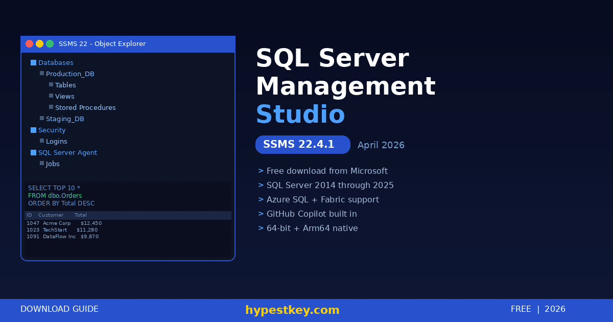 SQL Server Management Studio SSMS 22 guide showing version info and download details for database management